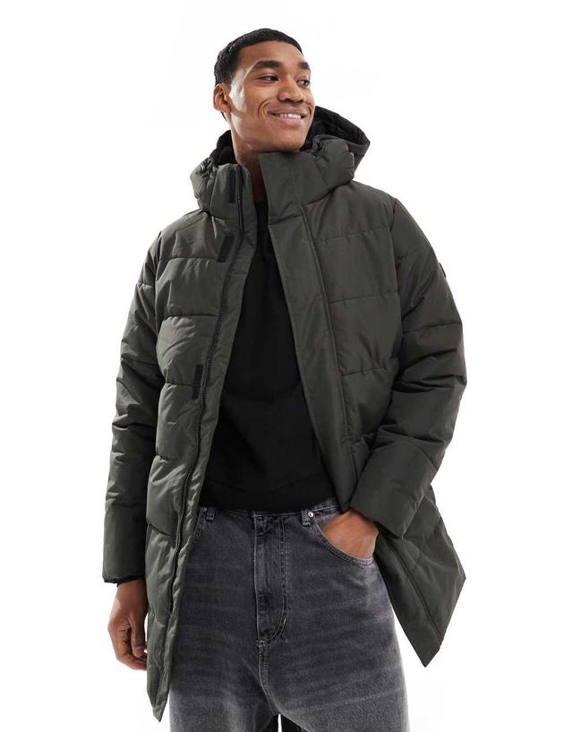 ONLY & SONS longline quilted coat with hood in dark green Product Image