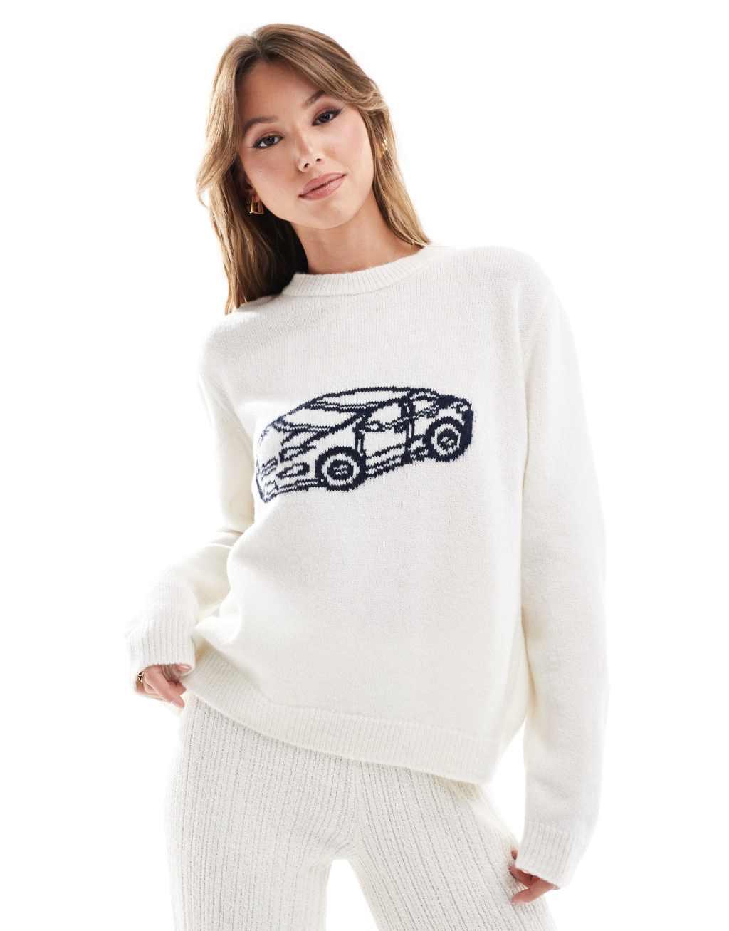 ASOS DESIGN knitted sweater with car graphic in ecru Product Image