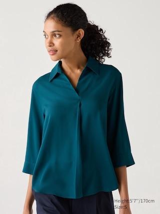 Womens Rayon Skipper Collar Blouse 3/4 Sleeve Green 2XL UNIQLO US Product Image