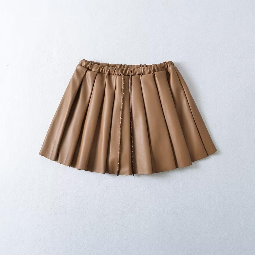 Drawstring Waist Plain Pleated Mini A-Line Skirt Product Image