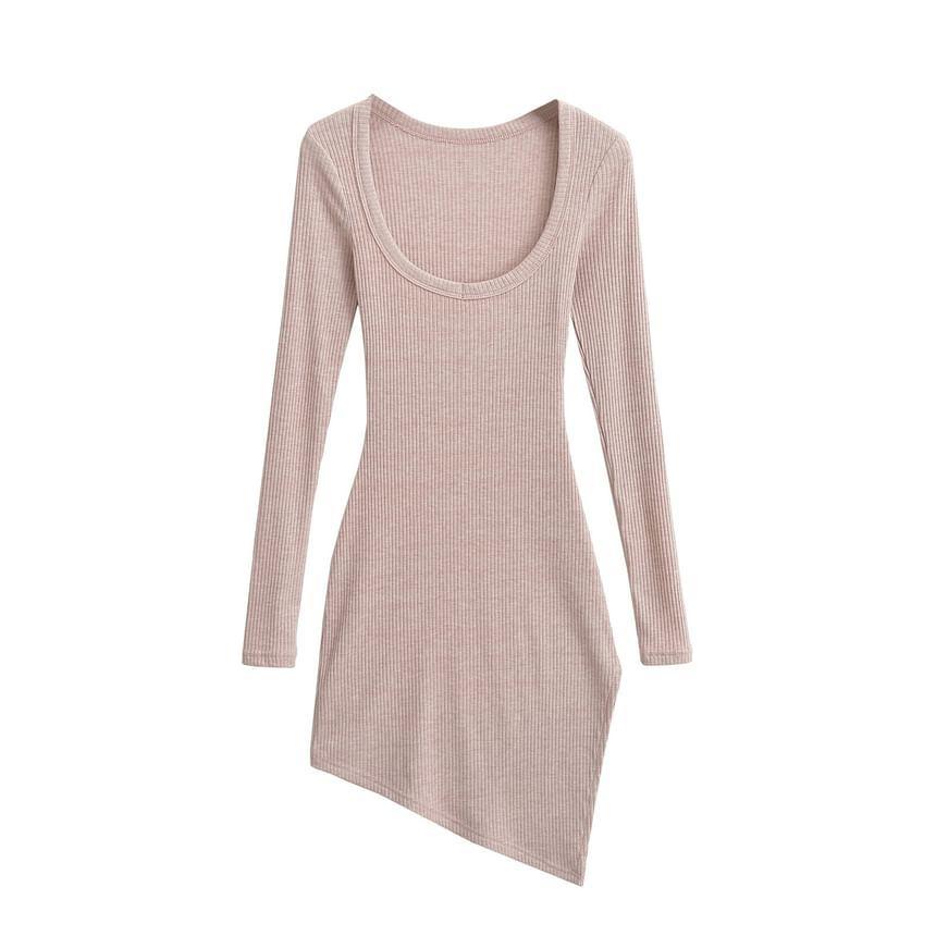 Long-Sleeve Scoop Neck Plain Asymmetrical Slit Mini Bodycon Dress Product Image