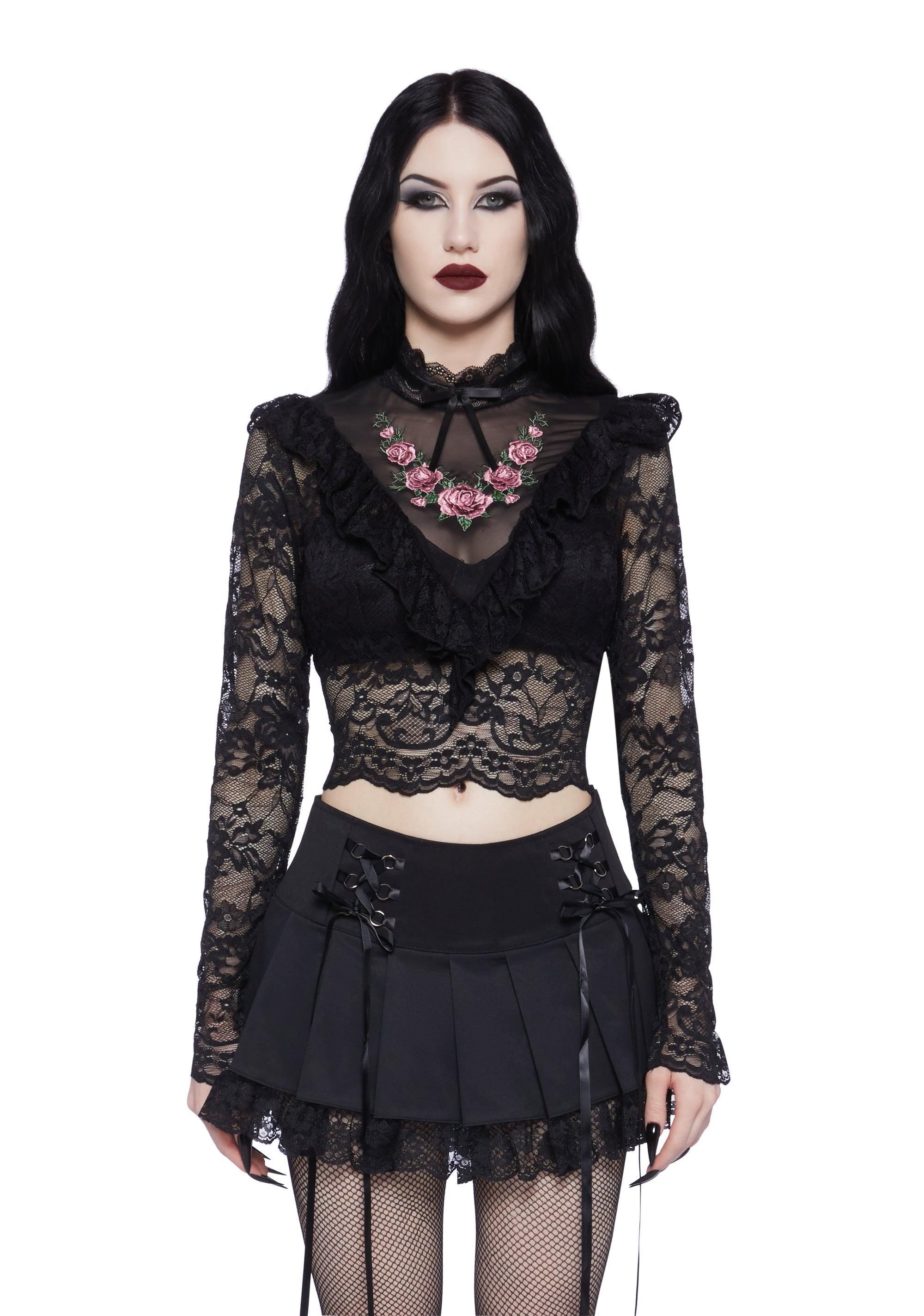 Widow Mesh Lace Embroidered Long Sleeve Top - Black Product Image