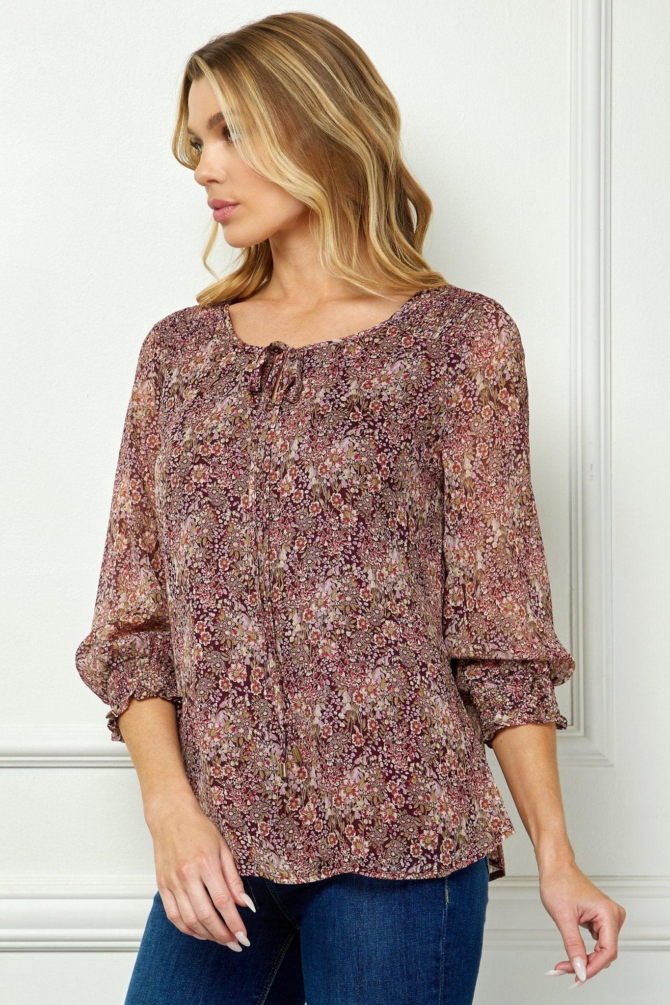 Burgundy Floral 3/4 Sleeve Blouse Female Product Image