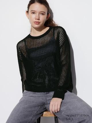 Womens Mesh Crew Neck Long-Sleeve Sweater Black Small UNIQLO US Product Image