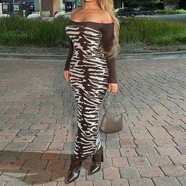 Long Sleeve Off Shoulder Patterned Print Maxi Sheath Dress Product Image