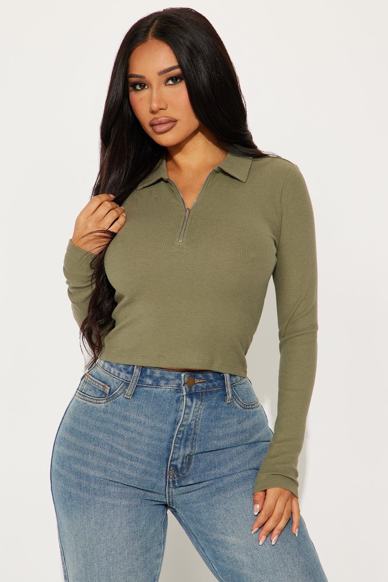 Camila Collared Ribbed Top - Olive Product Image