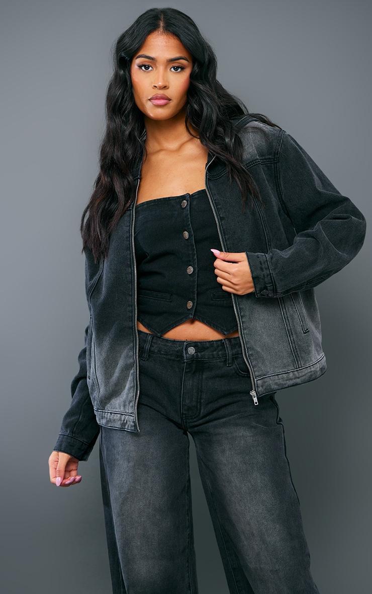 Tall Washed Black Oversized Hooded Zip Up Denim Jacket Product Image