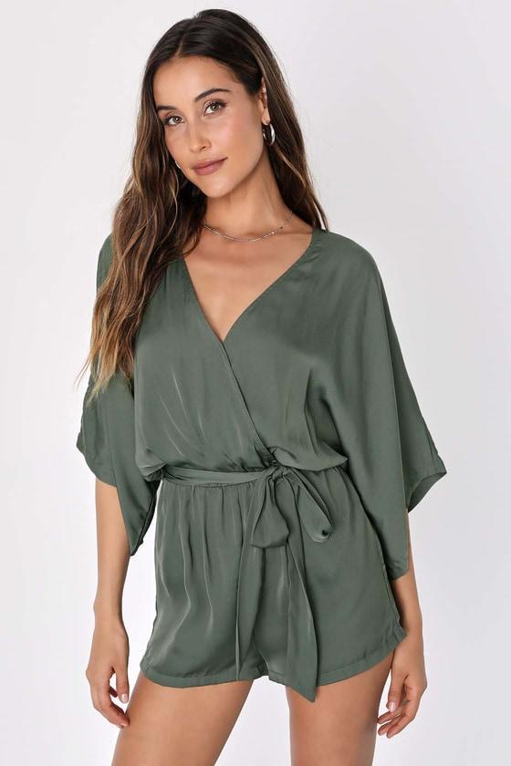 Ain't It Grand Olive Green Satin Surplice Romper Product Image