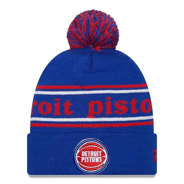 Mens New Era Blue Detroit Pistons Marquee Cuffed Knit Hat with Pom Product Image