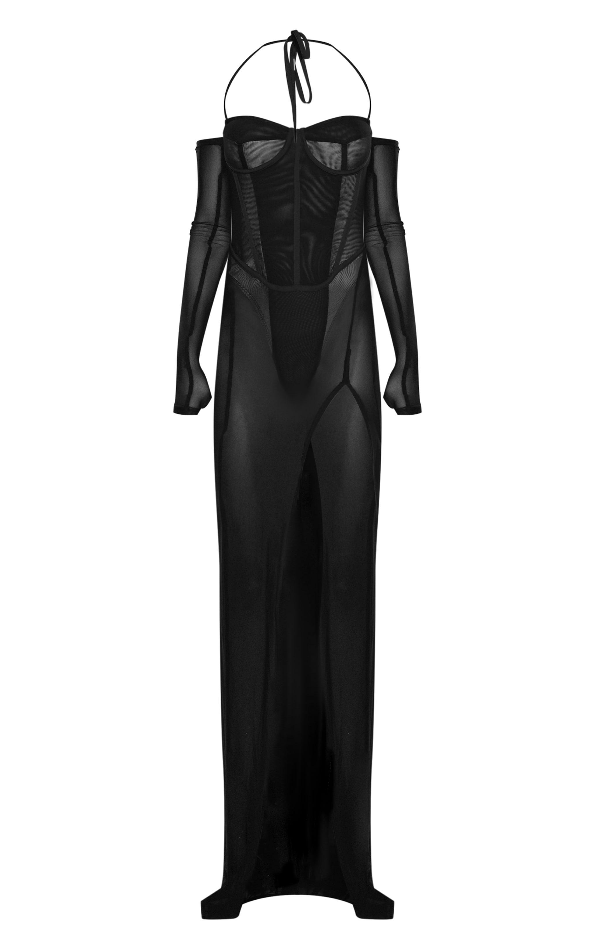 Black Mesh Panelled Corset Maxi Dress Product Image