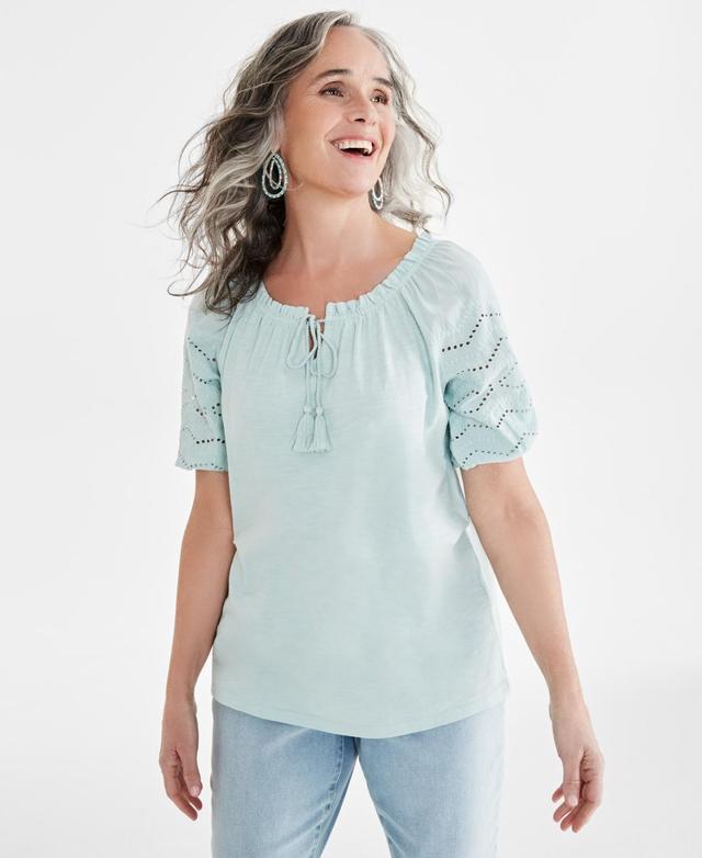 Style & Co Womens Cotton Mixed-Media Embroidered Blouse, Created for Macys Product Image