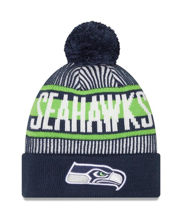 Mens New Era College Navy Seattle Seahawks Striped Cuffed Knit Hat with Pom Product Image