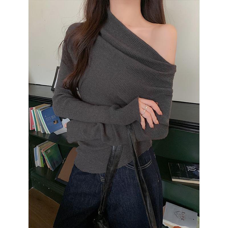 Long Sleeve Mock Neck Cold-Shoulder Plain Ribbed-Knit Slim-Fit Top Product Image