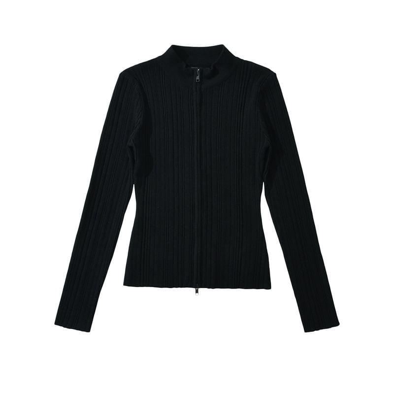 Long-Sleeve Plain Ribbed Zip-Up Knit Top Product Image