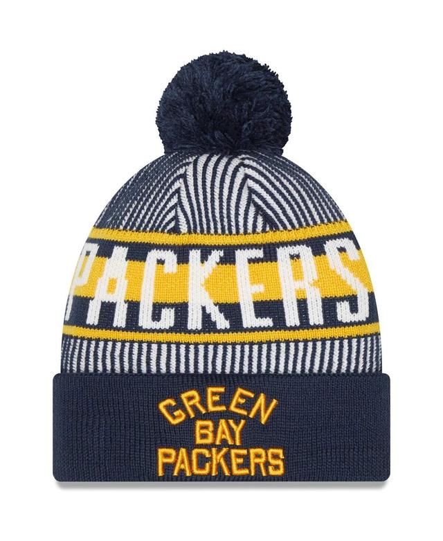 Mens New Era Navy Green Bay Packers Striped Cuffed Knit Hat with Pom Product Image