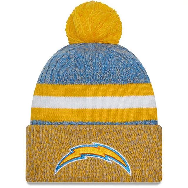 Mens New Era Powder /Gold Los Angeles Chargers 2023 Sideline Sport Cuffed Pom Knit Hat Product Image