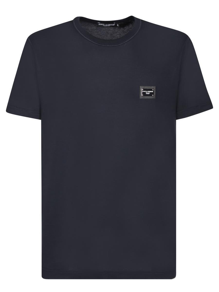 Blue Cotton T-shirt With Silver Plaque Logo In Black Product Image