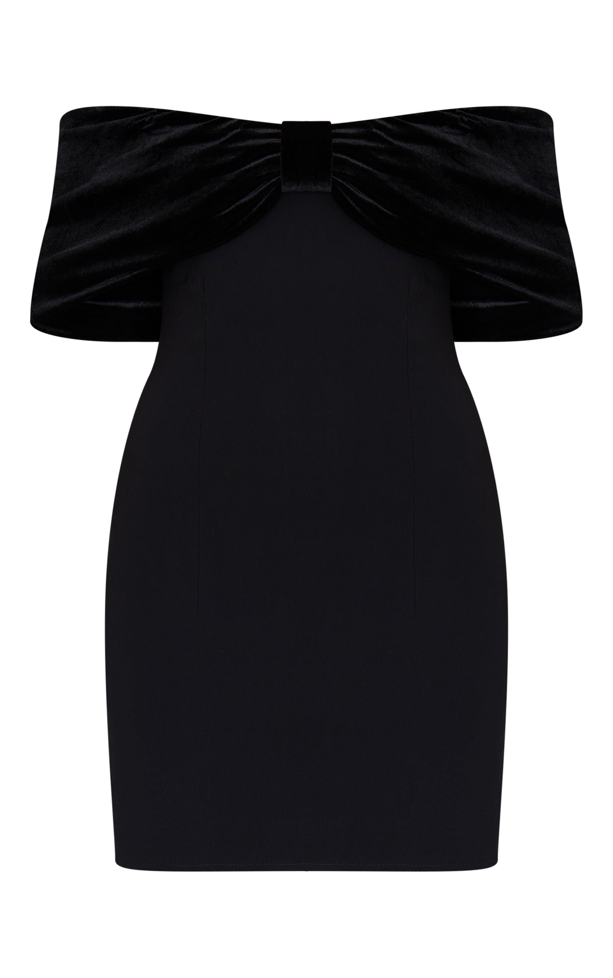 Black Stretch Woven Velvet Bow Bardot Mini Dress Product Image