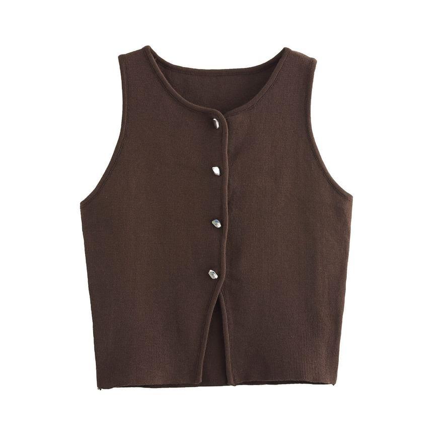 Round Neck Plain Button Sweater Vest Product Image