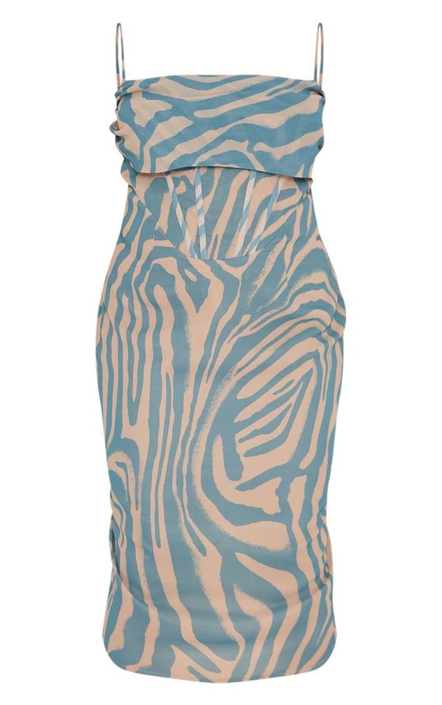  Plus Dusty Blue Tiger Printed Chiffon Drape Detail Midi Dress Product Image