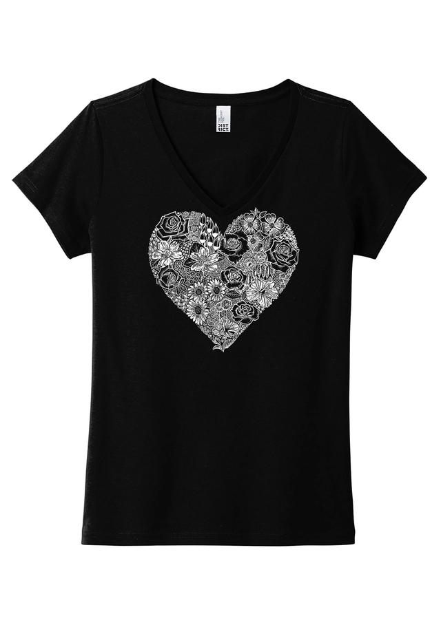 LA Pop Art Women's Flower Heart Premium Word Art V-Neck Tee Product Image