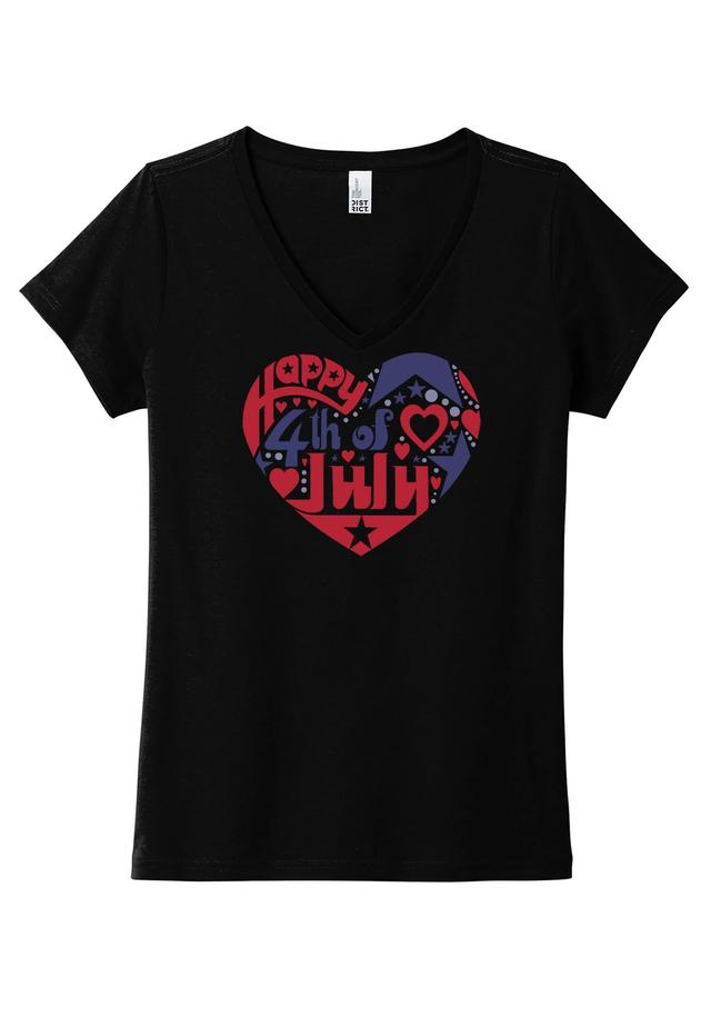 LA Pop Art Women's Word Art July 4th Heart V-Neck Tee Product Image