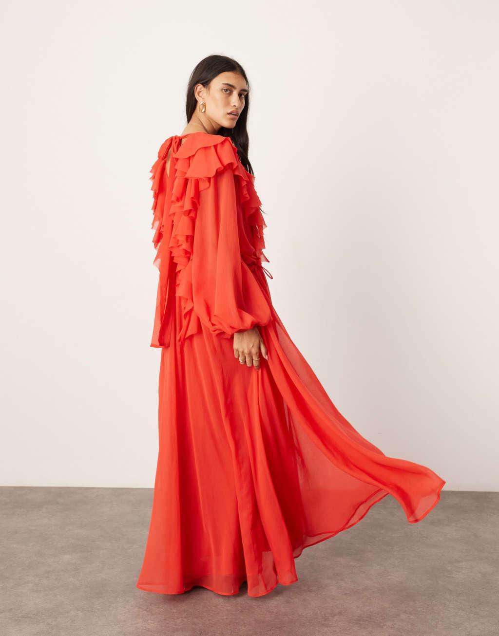 ASOS EDITION chiffon raw edge ruffle maxi dress with drawstring waist in red  Product Image