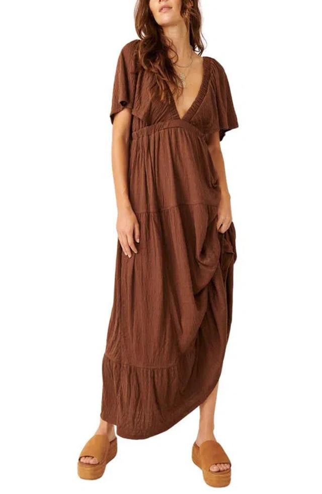 Free-est La La Tiered Flutter Sleeve Maxi Dress In Fondue Fudge Product Image