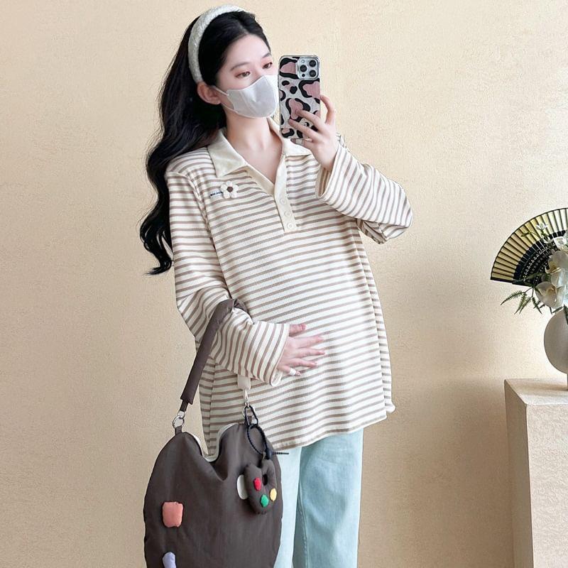 Maternity Long Sleeve Collar Striped Button Up Polo Shirt Product Image