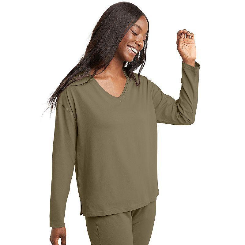 Womens Hanes Originals Long-Sleeve Raw Edge V-Neck Tee Green Product Image