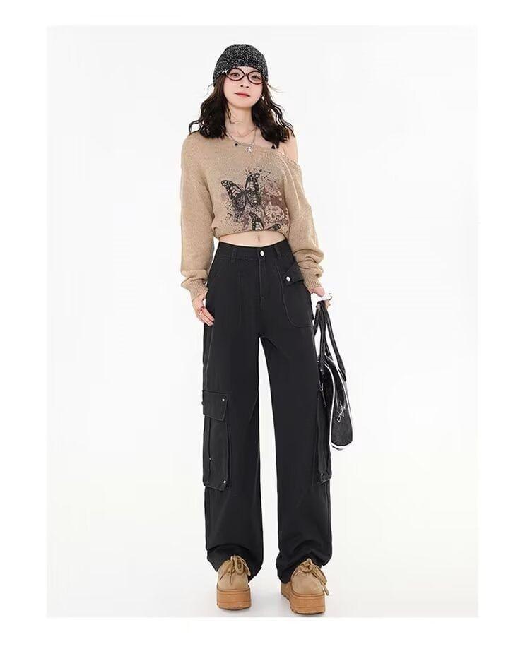 Mid Rise Plain Loose Fit Cargo Jeans Product Image