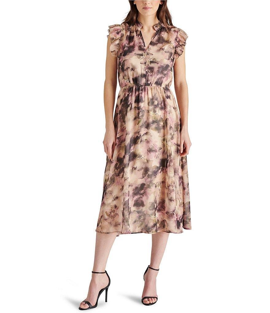 Steve Madden Allegra Chiffon Floral Print Split V Neck Sleeveless Midi Dress Product Image