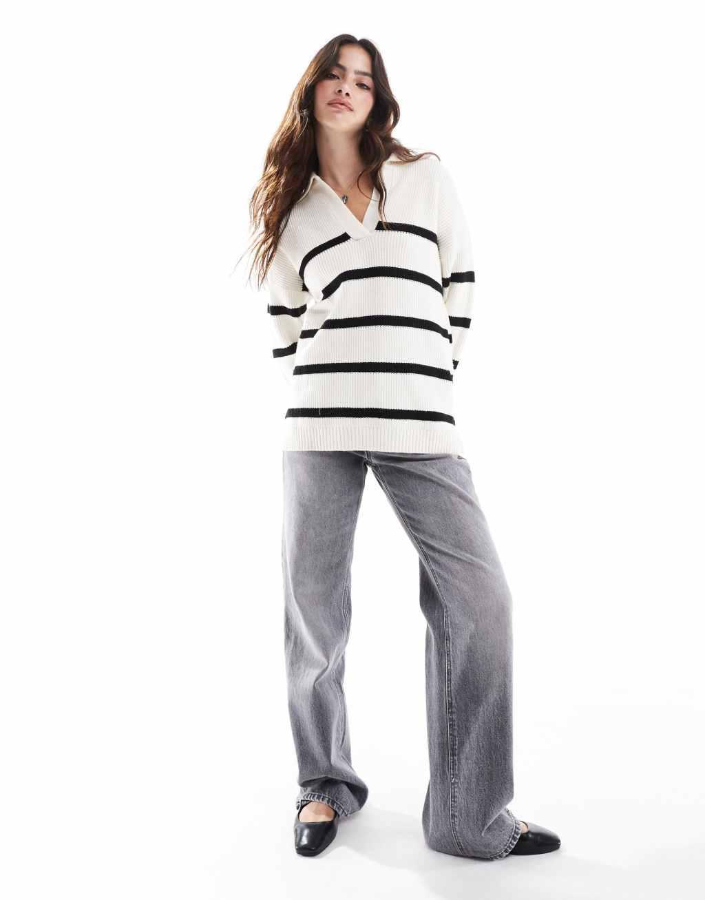 Vero Moda V-neck oversized sweater in cream stripe Product Image