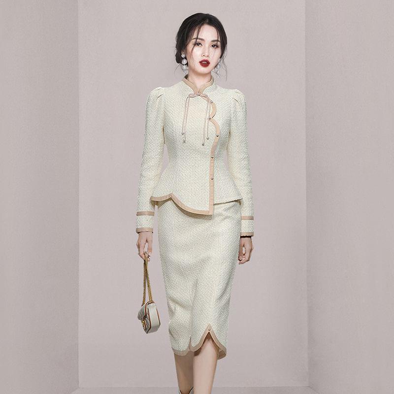 Set: Mandarin Collar Contrast Trim Tweed Button Jacket + Midi Pencil Skirt Product Image