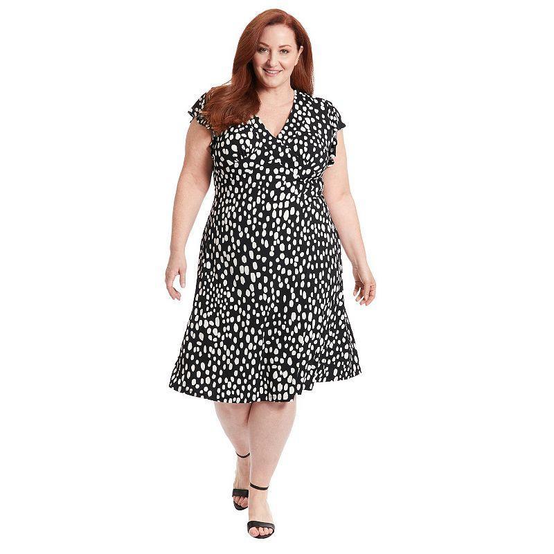 Plus Size London Times Dot Print Ruffle Sleeve V-Neck Midi Dress, Womens Product Image