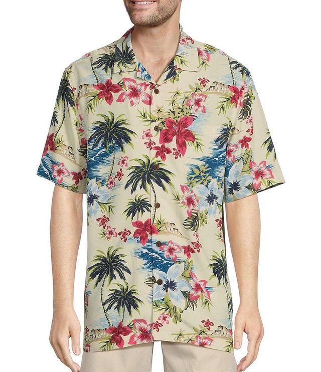 Caribbean Poly Modal Floral Tropical Paradise Beach Printed Short Sleeve Woven Shirt Product Image