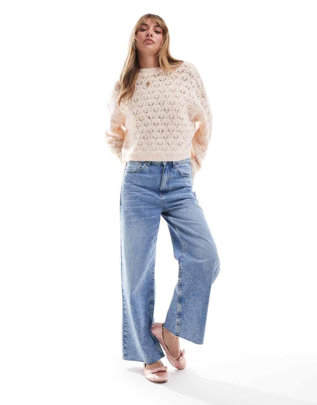 Miss Selfridge pretty pointelle stitch sweater in soft pink Product Image