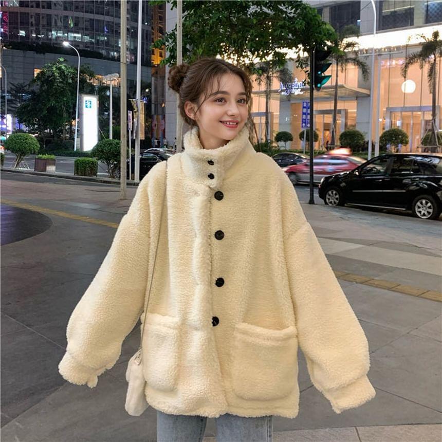 Stand Collar Plain Fleece Oversized Coat Product Image