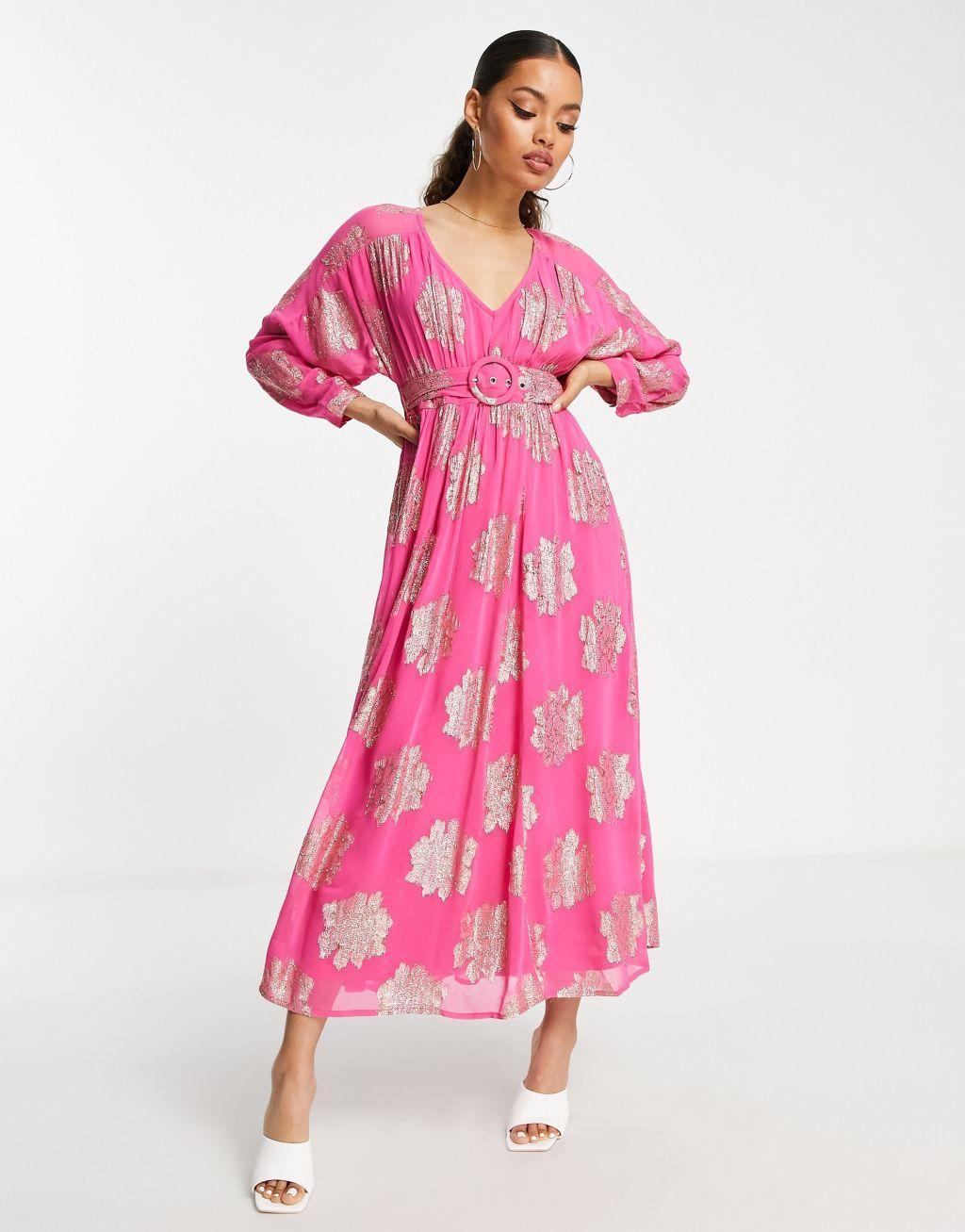 ASOS DESIGN Petite belted batwing maxi tea dress in pink metallic jacquard Product Image