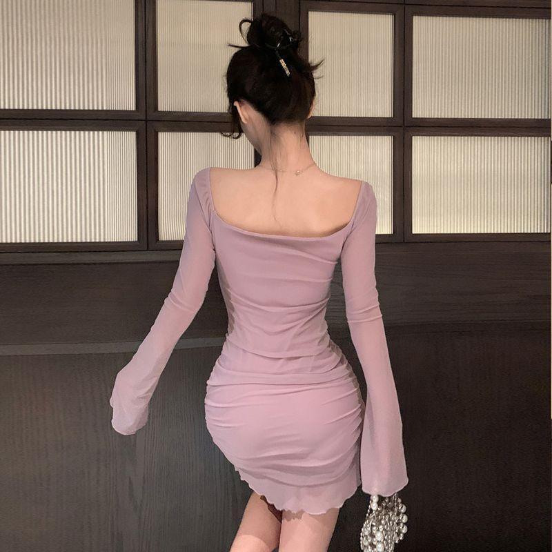 Long Sleeve Square Neck Plain Bow Ruched Mesh Mini Sheath Dress Product Image