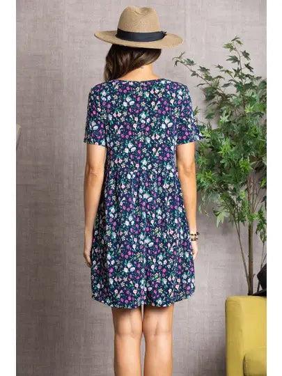 Navy Floral Short Sleeve Dress Female Product Image