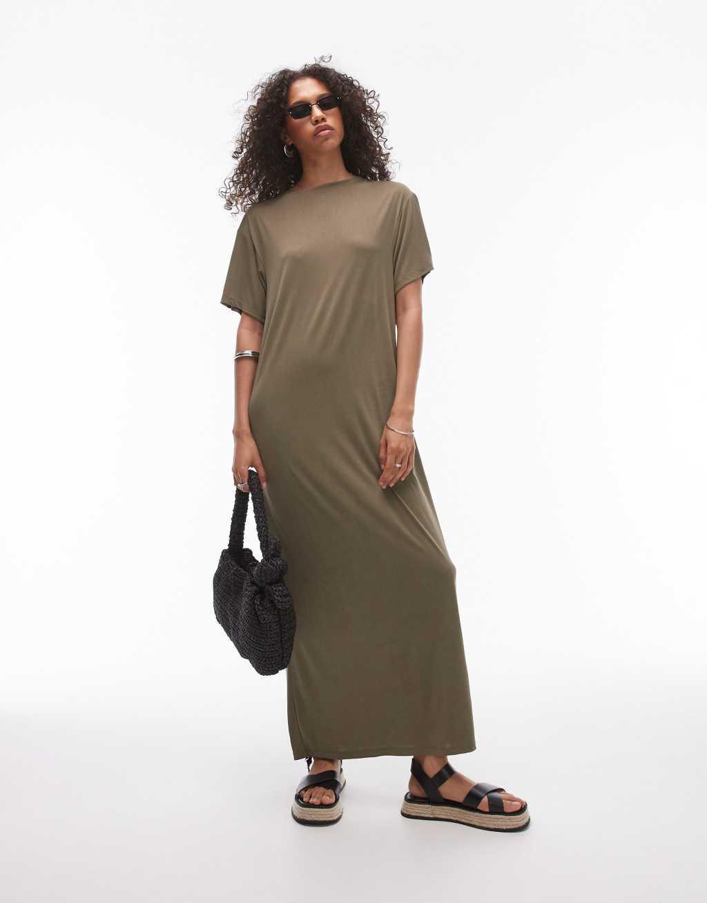 Topshop premium super soft twist back cupro t-shirt midi dress in khaki Product Image