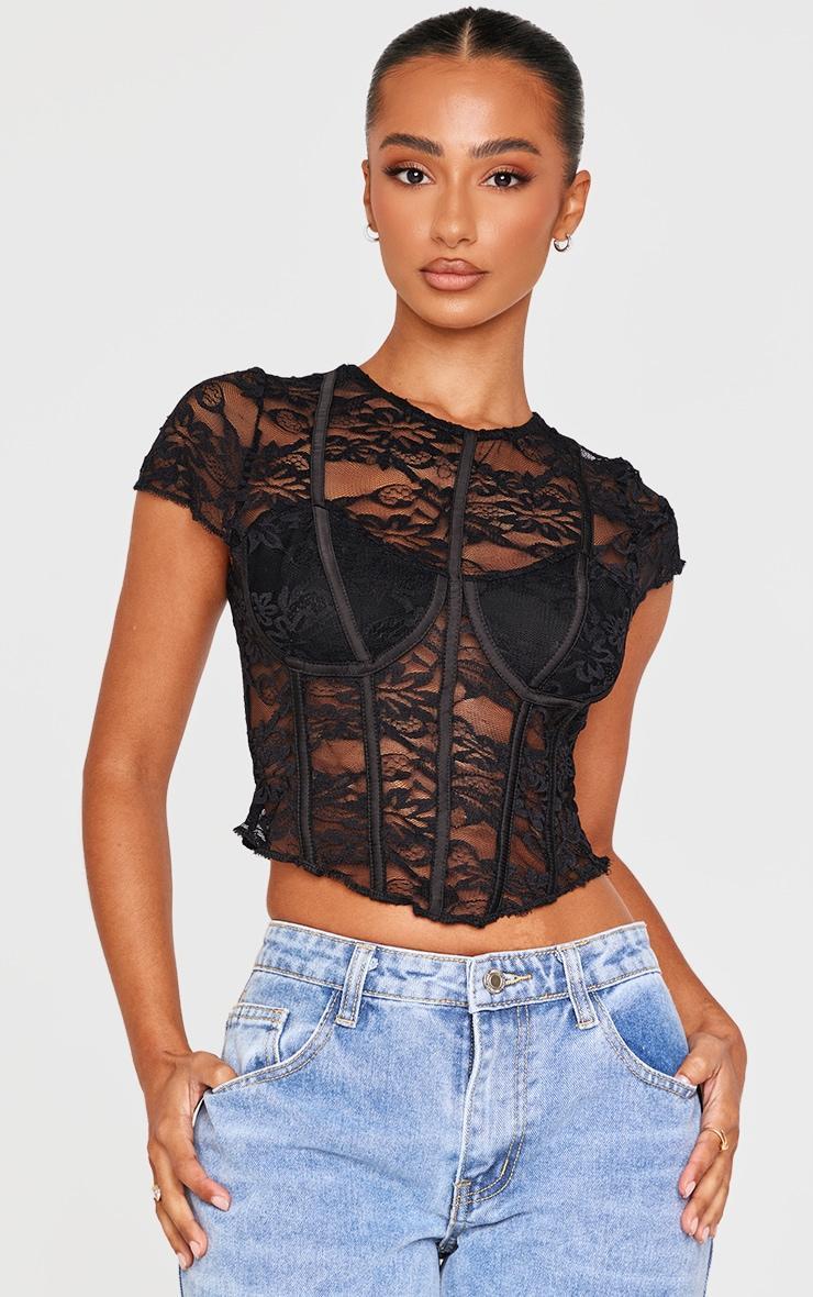 Petite Black Corset Detail Lace Top product image