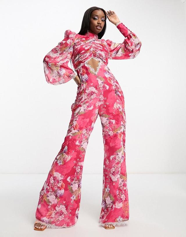 ASOS LUXE ruched chiffon jumpsuit with blouson sleeve and lace detail in floral print Product Image