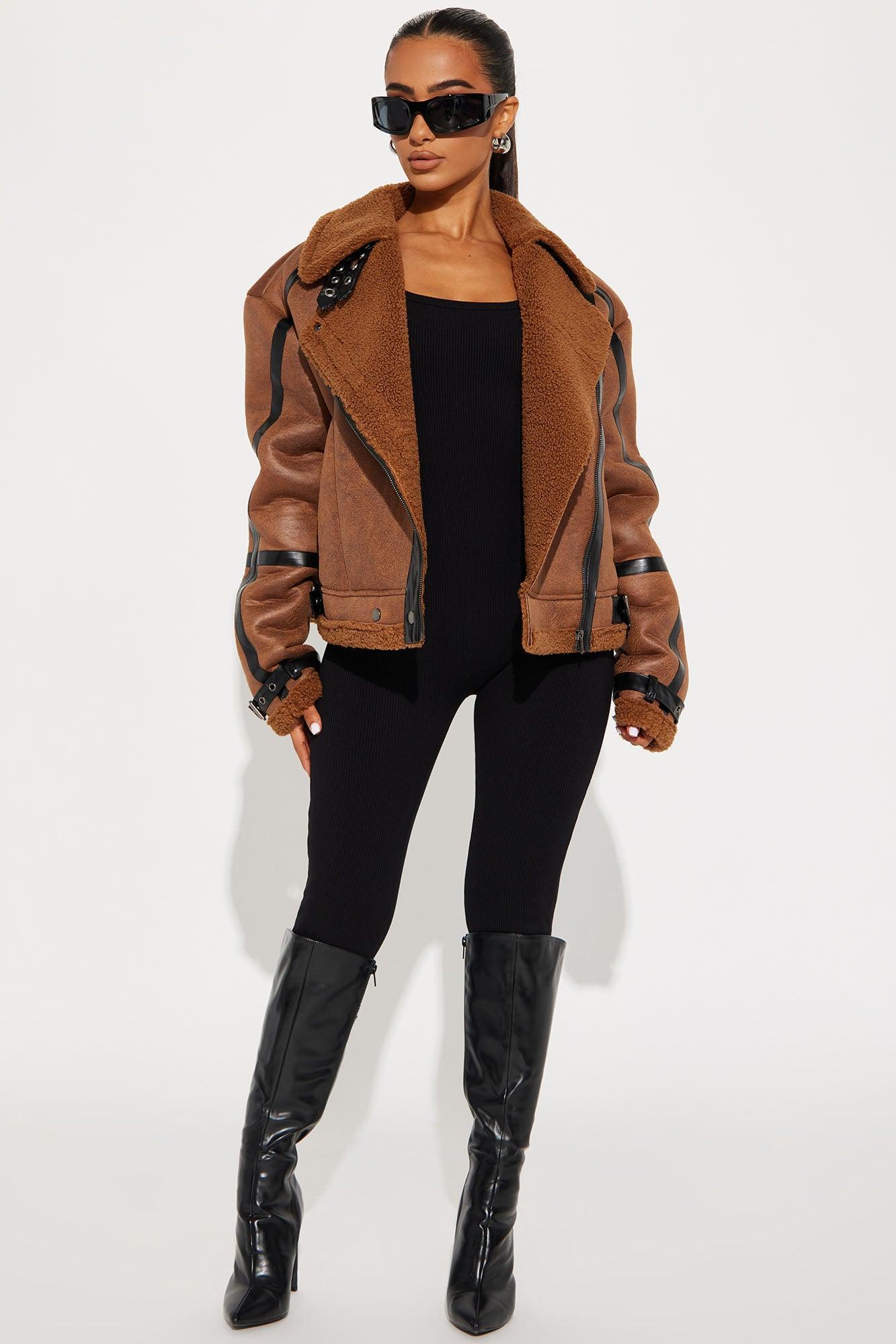 Sydney Faux Suede Oversized Moto Jacket - Cognac Product Image