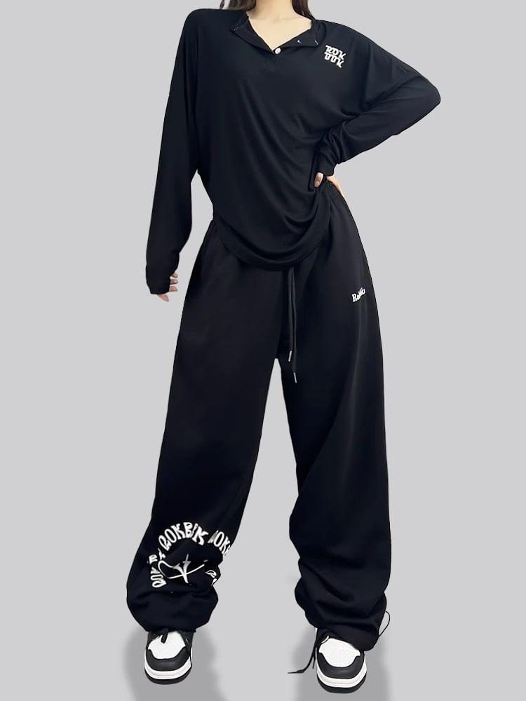 High Waist Graphic & Lettering Print Loose-Fit Wide-Leg Sweatpants Product Image