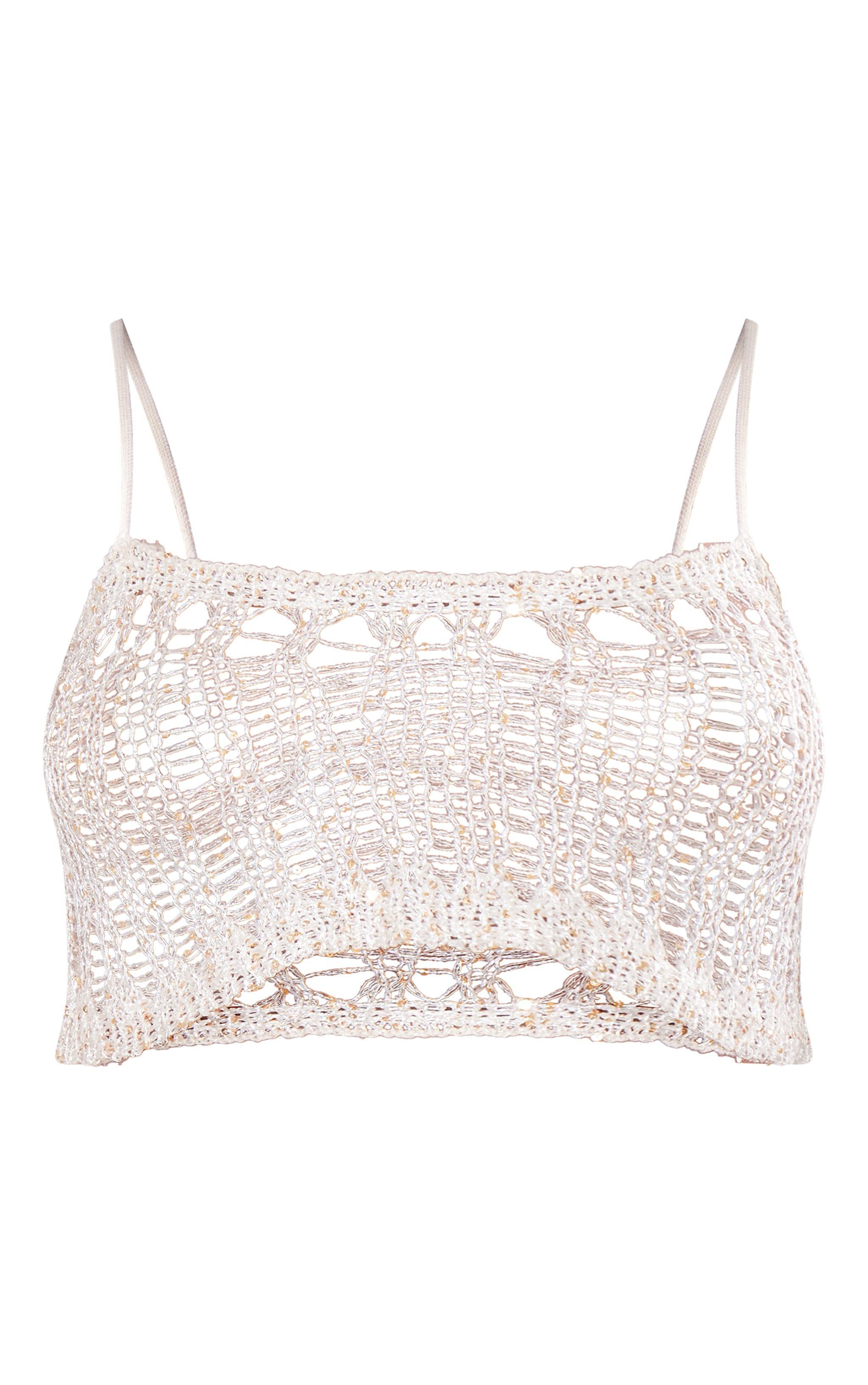 Stone Asymmetric Crochet Sequin Knit Crop Top Product Image