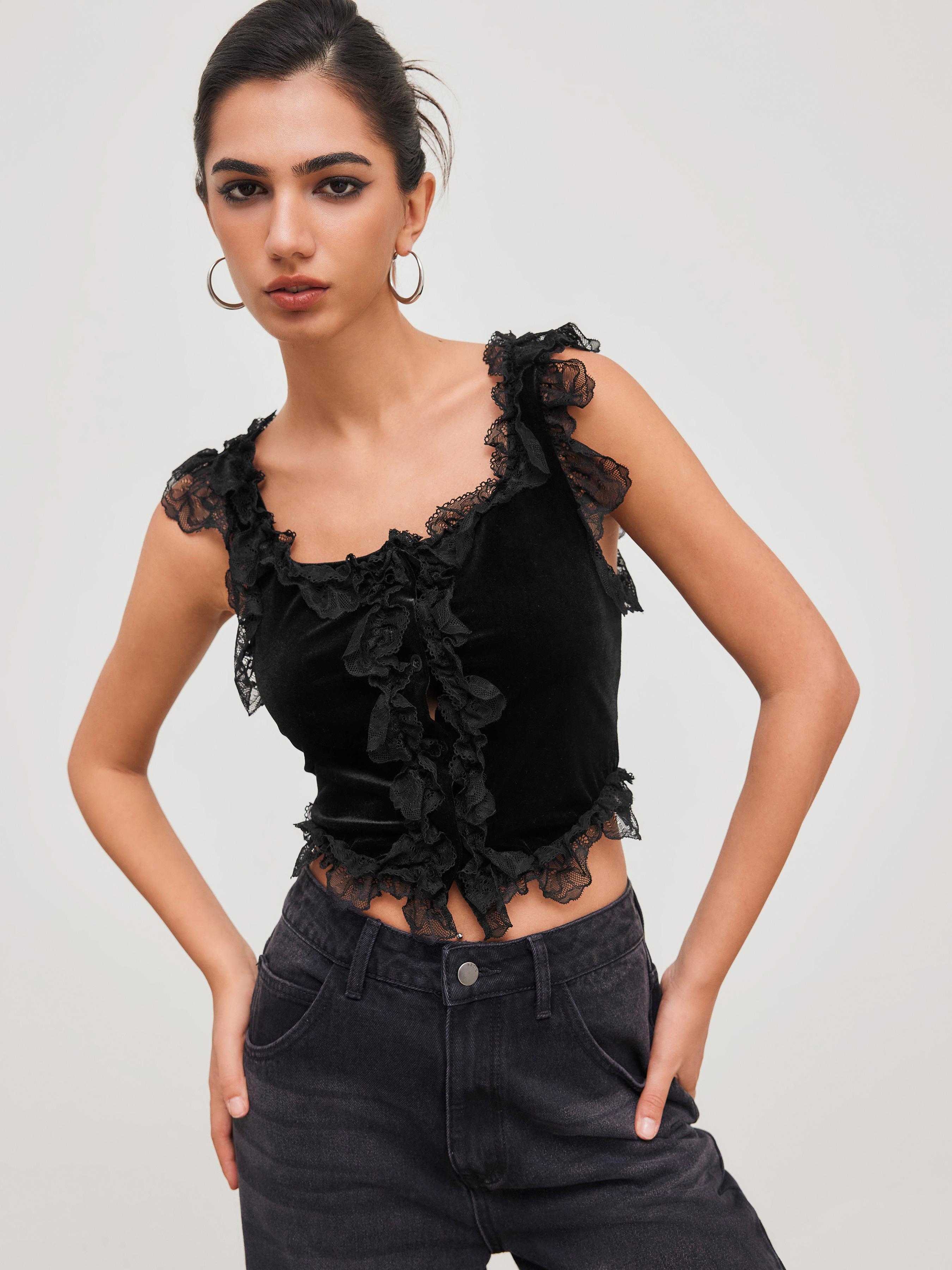 Velvet Square Solid Lace Trim Crop Top Product Image