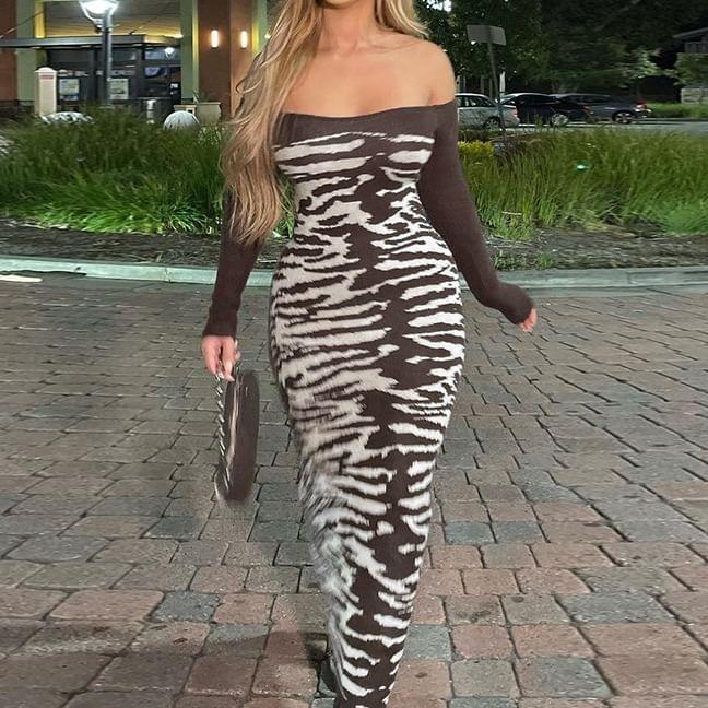 Long Sleeve Off Shoulder Patterned Print Maxi Sheath Dress Product Image