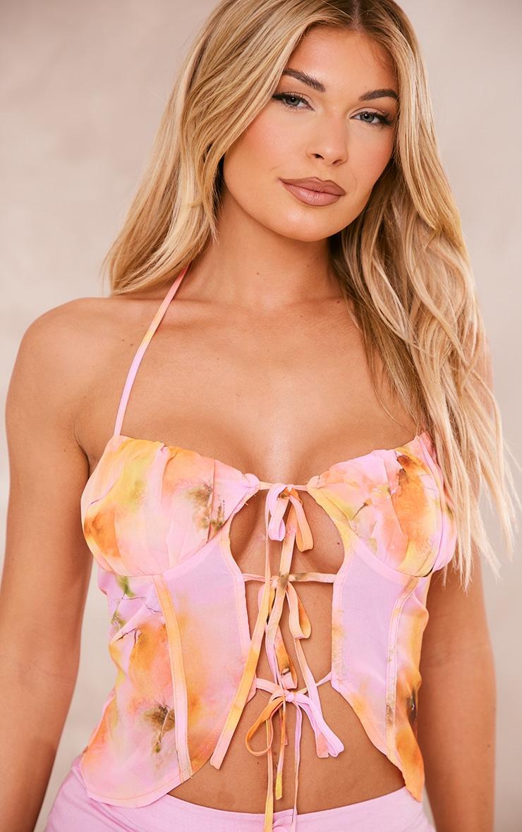 Orange Sheer Floral Tie Front Top Product Image